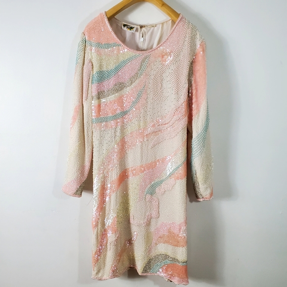 Vintage Sparkly 80s Pastel Sequin Dress, Eighties Shiny Beaded Party Outfit - Picture 4 of 14
